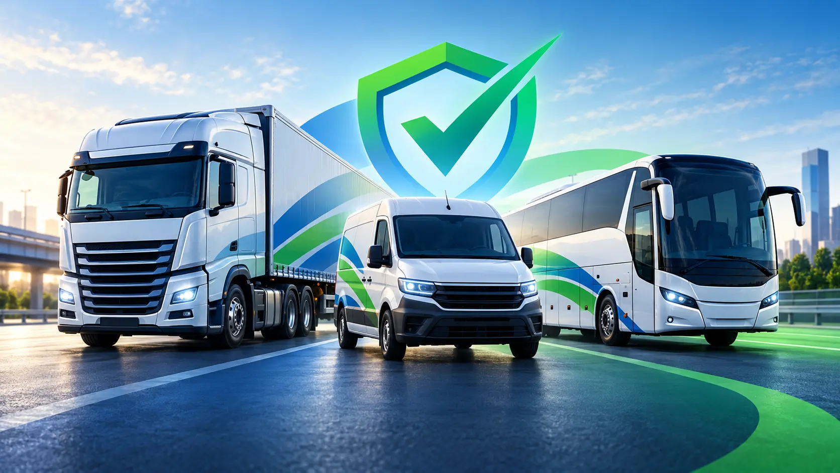Transport compliance platform shown alongside a commercial vehicle