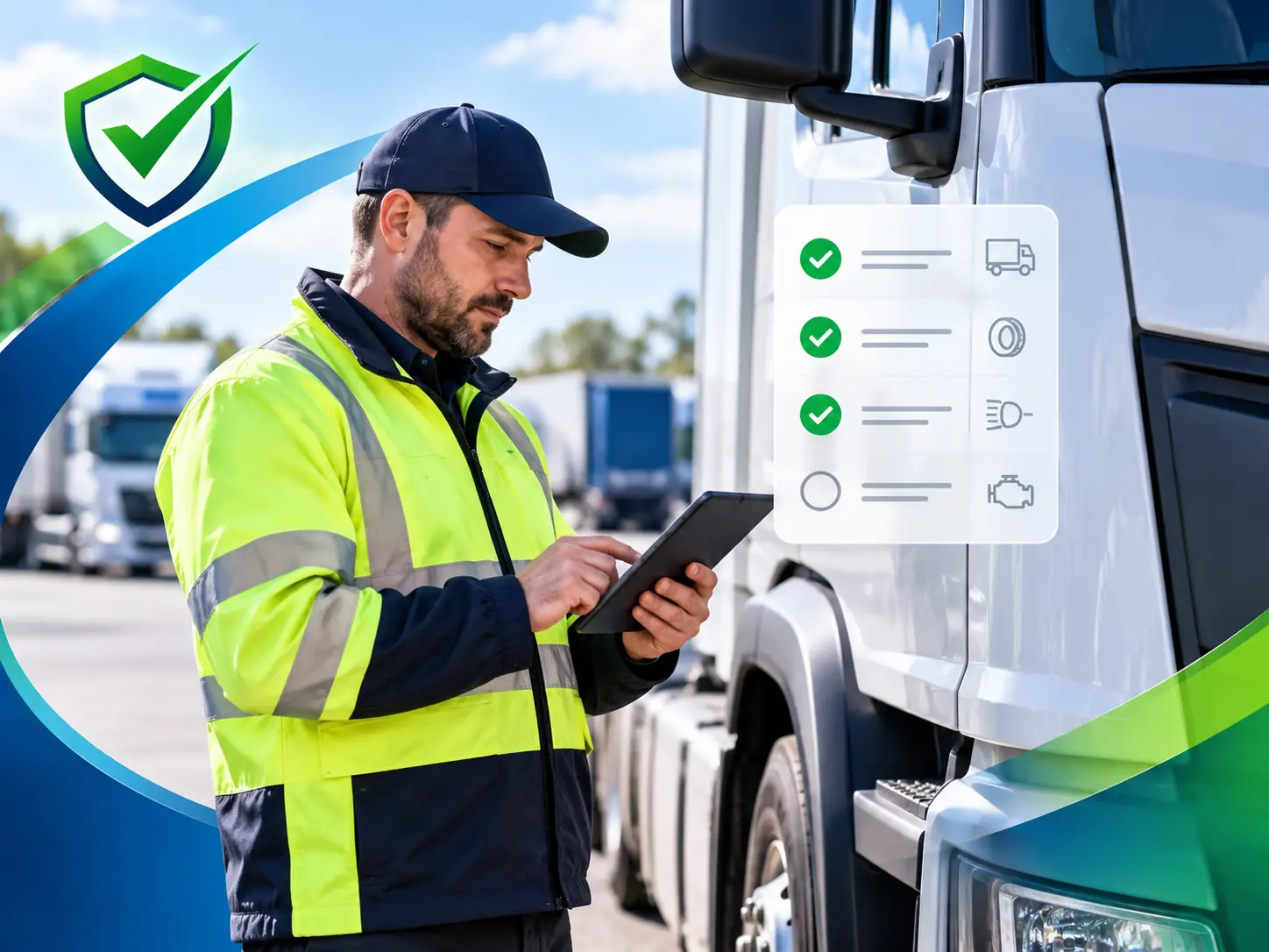 Driver recording a vehicle check beside a commercial vehicle
