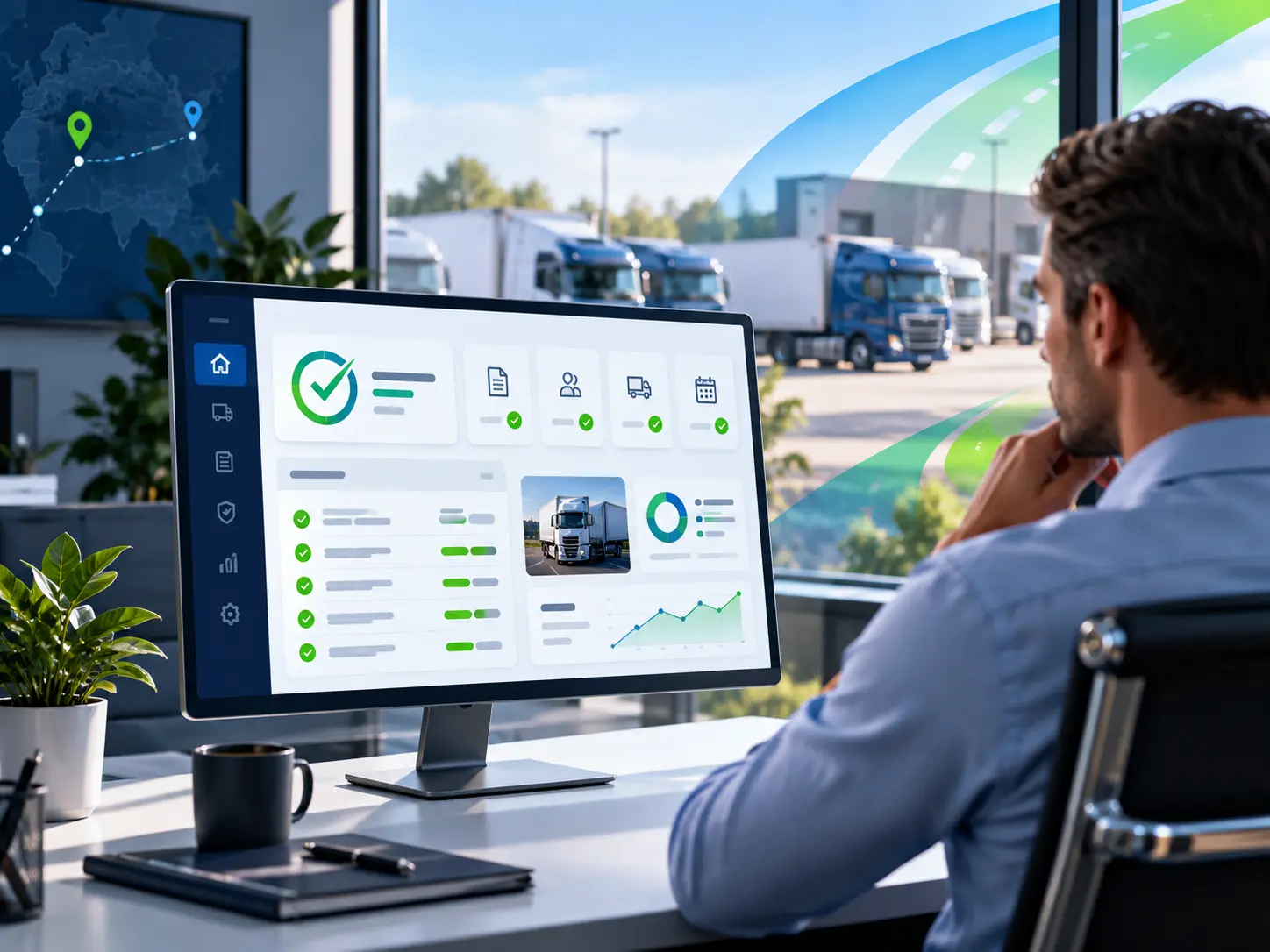 Transport manager reviewing organised fleet compliance information
